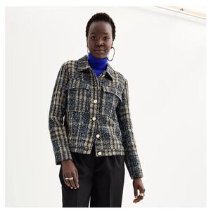 Tweed Button-Front Jacket in Navy & Cream
